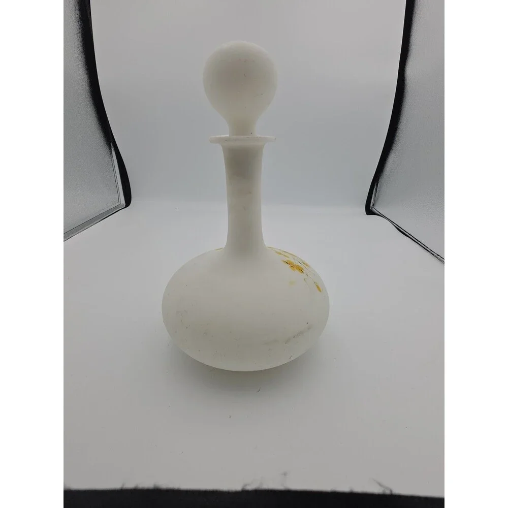 VtgFrosted Satin Glass Floral Decanter Bottle Yellow Flowers w/Stopper 8.5 in
